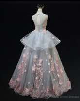 Grey Flowers Round Neckline Tulle with Lace Party Dress, Grey Sweet 16 Dress